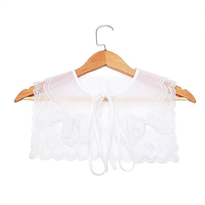 Women Double Layer Organza Collar Shawl Hollow Out Embroidery Bowknot Scarf Cape