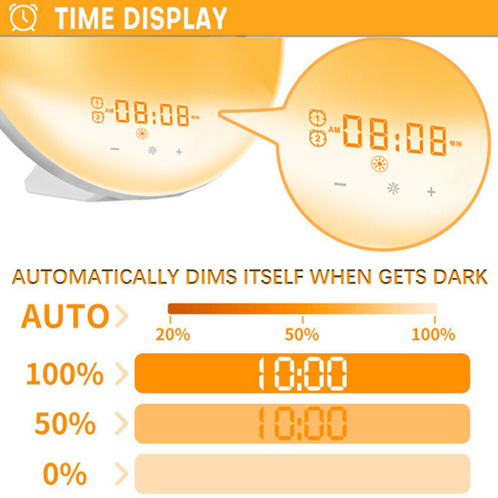 Smart Wake Up Light Digital Clock 7 Colors Sunrise Sunset FM Radio LED Lamp