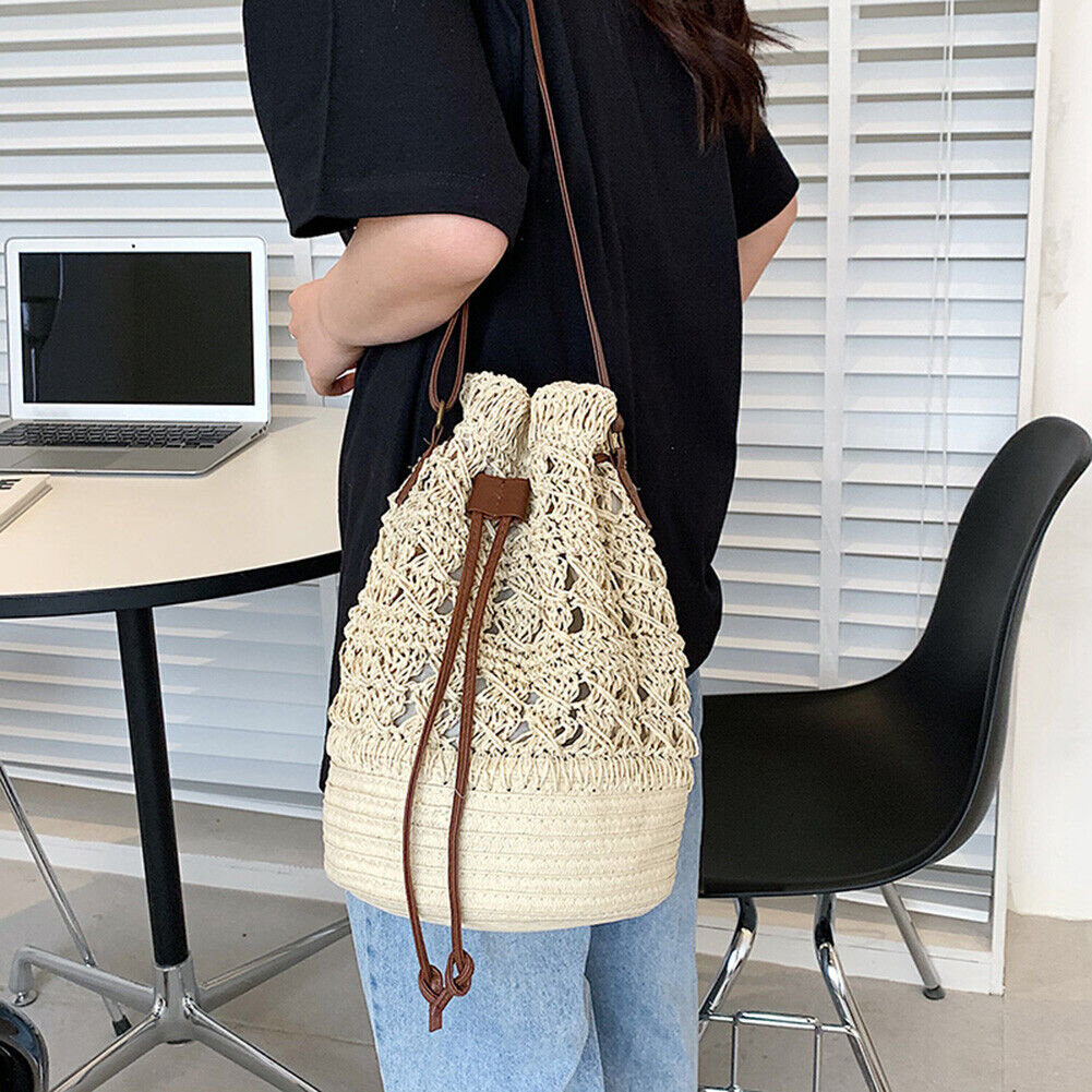 Straw Women Hand-Woven Rattan Bucket Tote Drawstring Shoulder Bags (Beige)