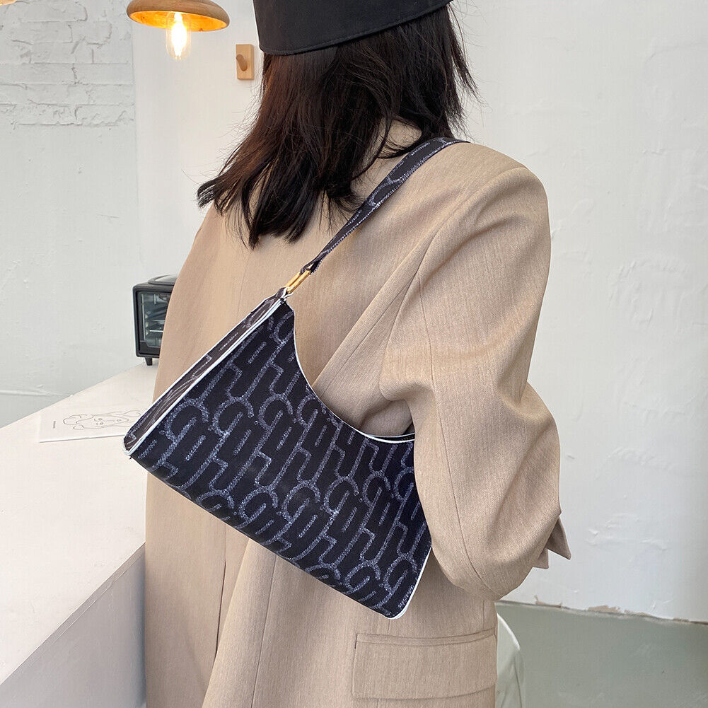 Casual Printed Women Handbag Totes PU Zipper Underarm Shoulder Bags (Black)