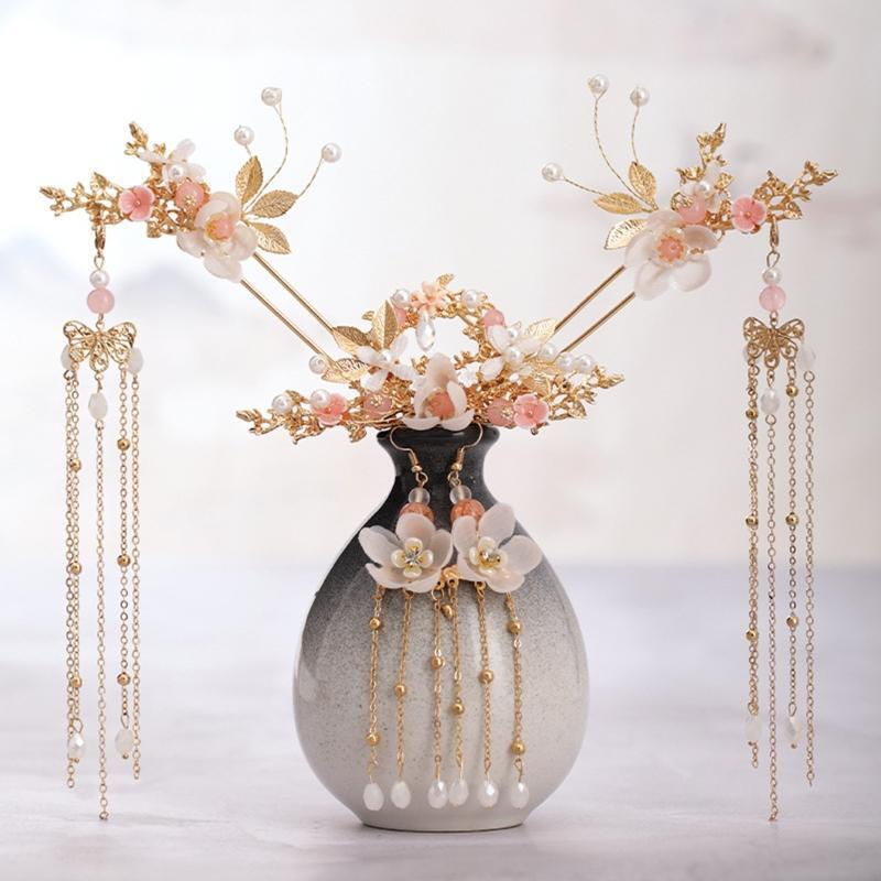 Women Chinese Hanfu Dress Jewelry Sets Tassel Floral Hairpins Earrings Hair Fork