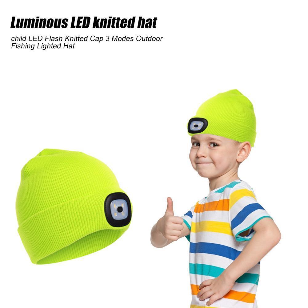 Winter Kids Knitted Beanie Hat with LED Light Fishing Cycling Cap (Green)