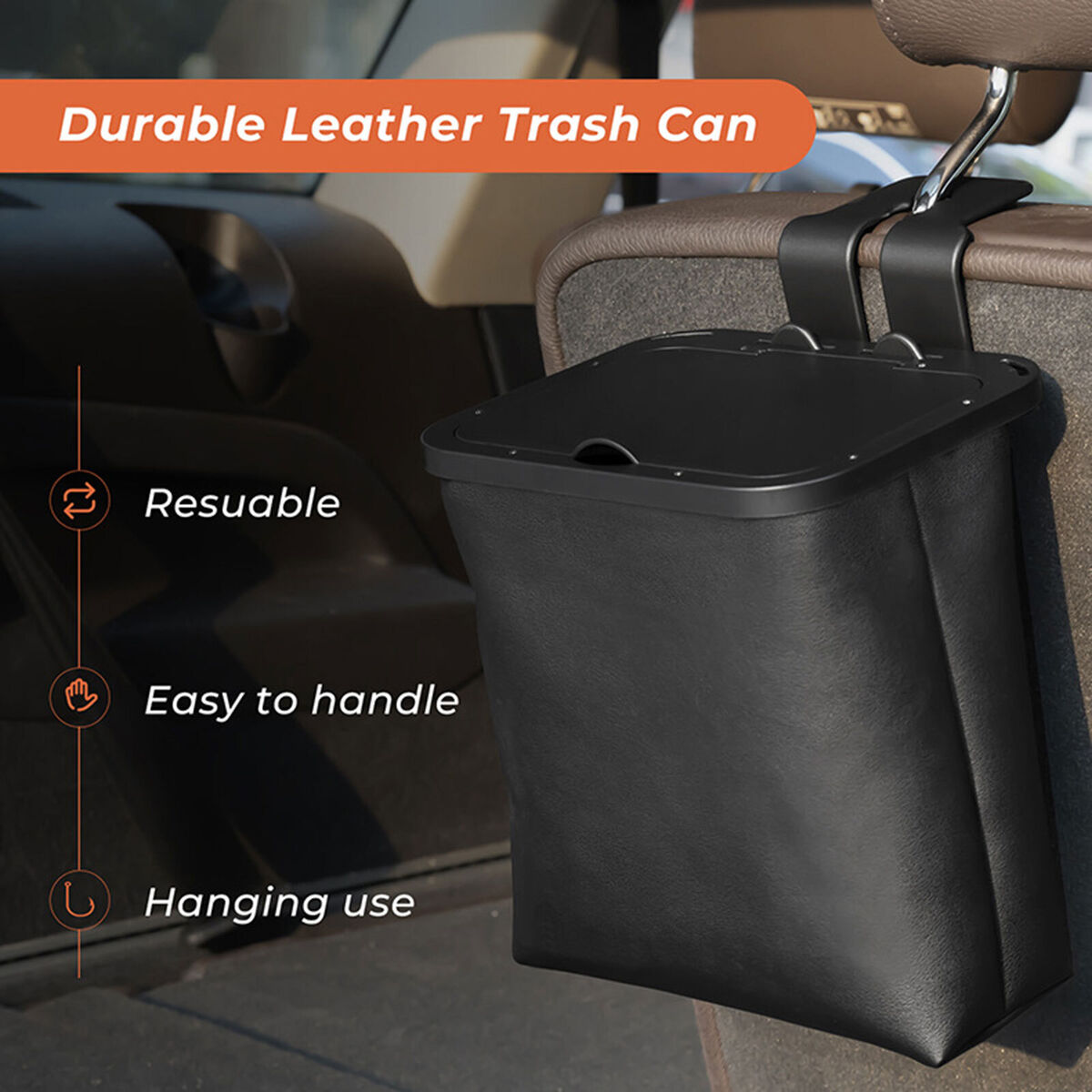 Leather Car Seat Trash Can with Lid Waterproof Storage/Waste Organizer Can