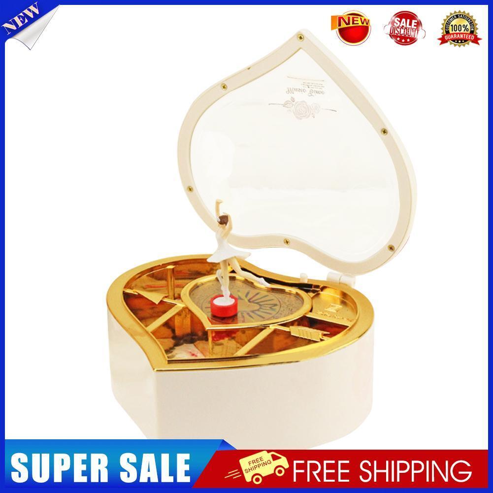 Romantic Love Heart Ballerina Music Box Jewelry Storage Case (White)