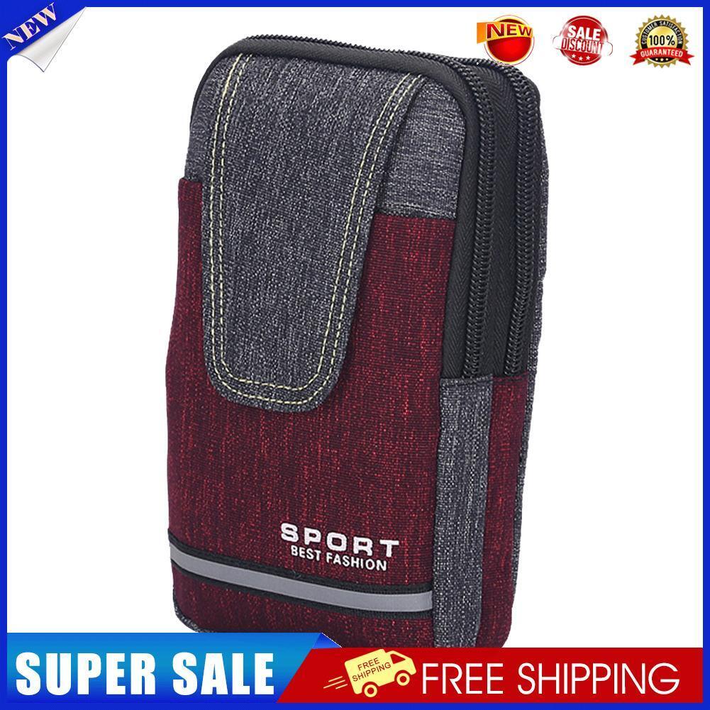 Men Oxford Cloth Belt Bags Zipper Reflective Striped Fanny Pack (Wine Red)