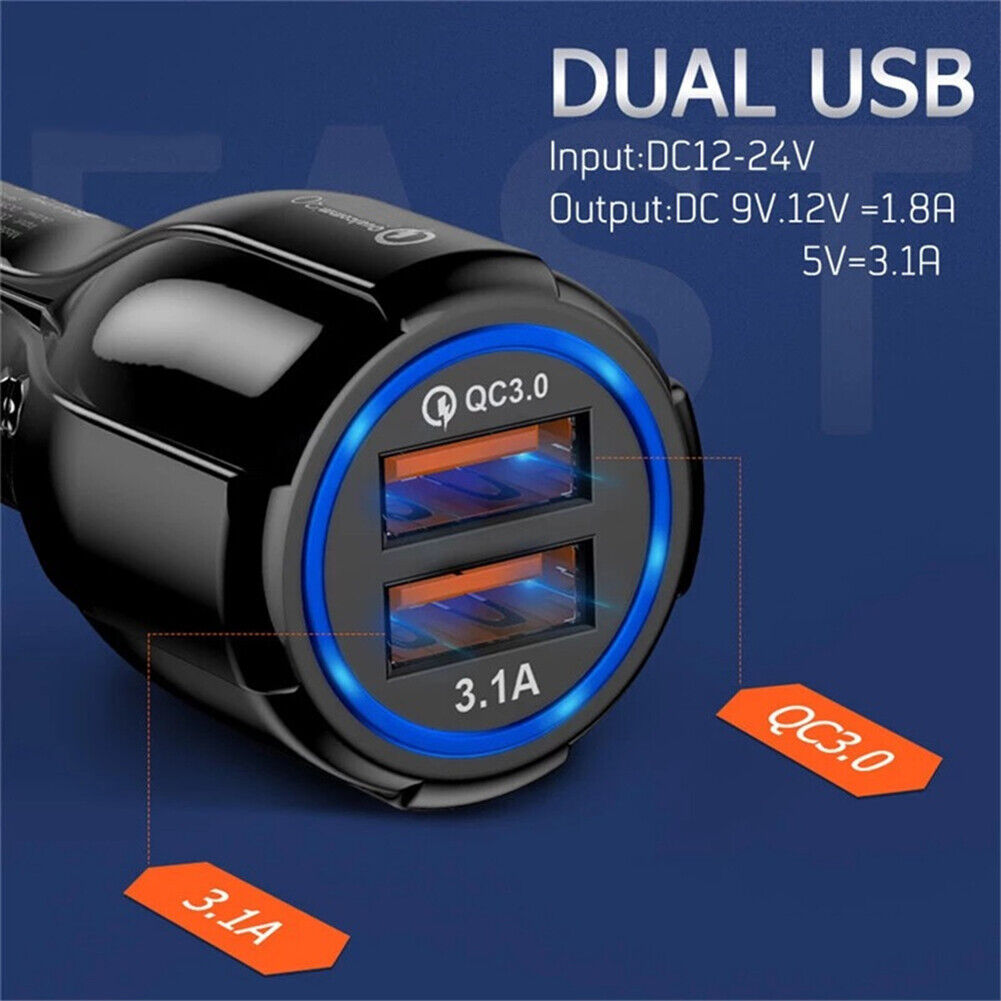 Phone Car Charger QC3.0 Dual USB Fast Charging Adapter for Mobile (Black)