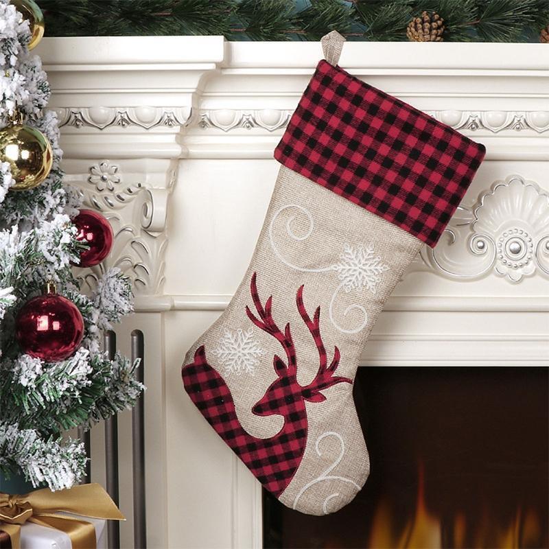 Christmas Elk Stocking Pendant Plaid Cloth Xmas Tree Decor Children's Candy