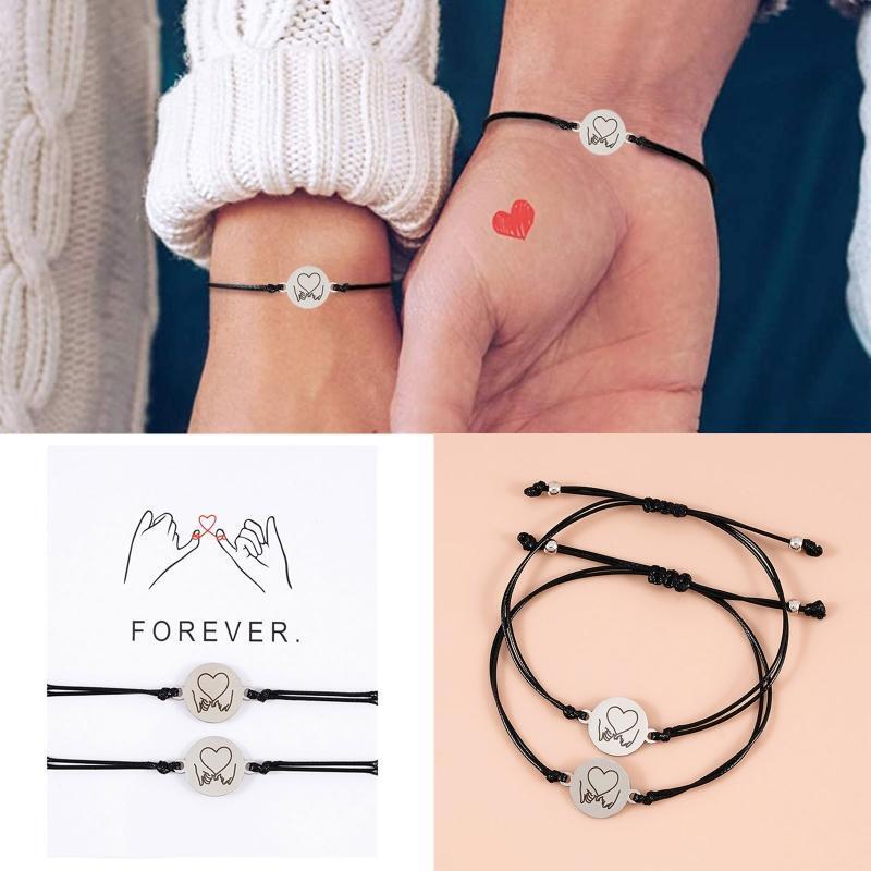 2Pcs Matching Bracelets Round Charm Pendant Wax Wristband for Best Friend Couple