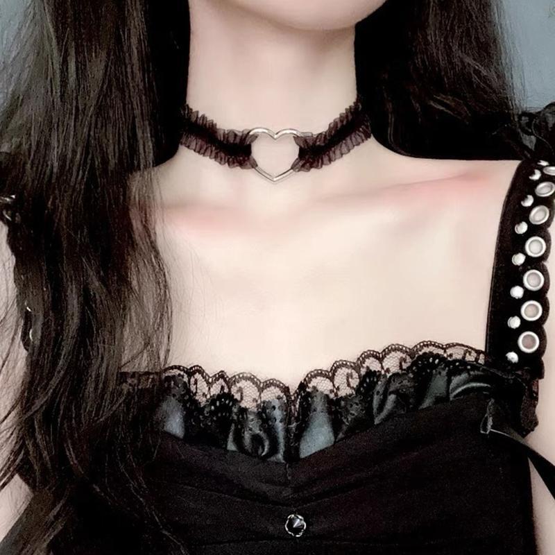 Heart Link Collarbone Chain Clavicle Necklace Gothic Lolita Lace Collar Choker