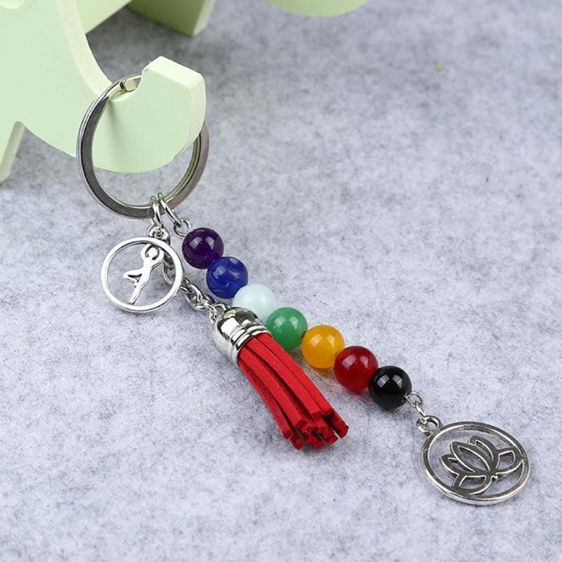 Lotus Tassel Keychain Colorful Stone Beads 7 Chakras Keyring for Bag Charm Gifts