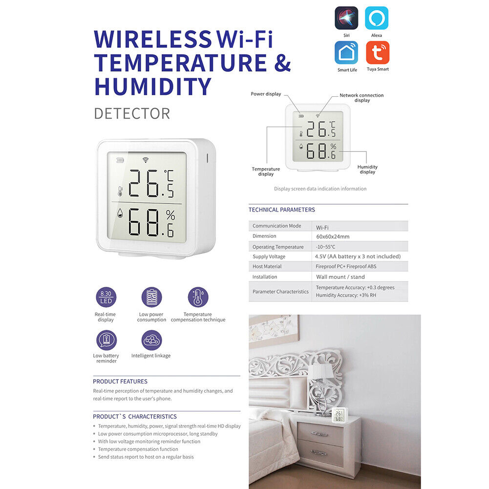 WiFi Temperature Humidity Detector Phone Remote 2.4GHz Air Quality Analyzer