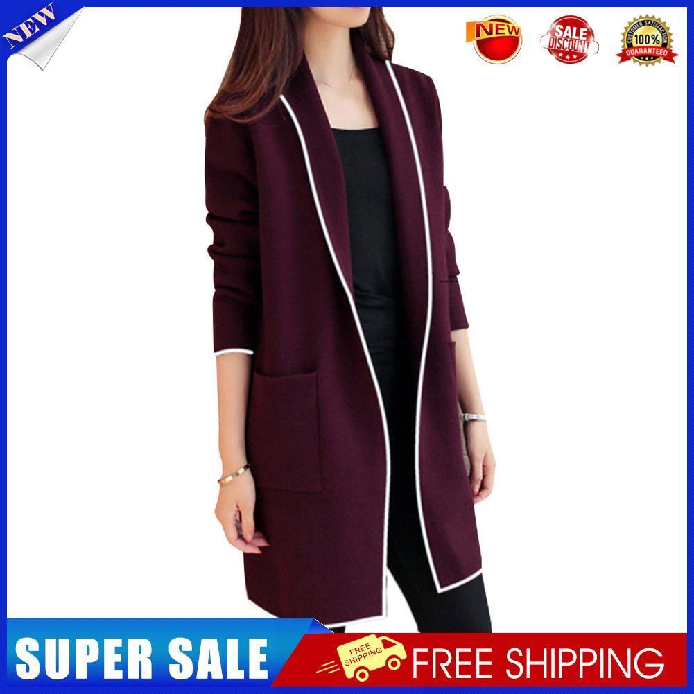 Splicing Color Long Overcoat Women Loose Cardigan Outwear (Wine Red M)