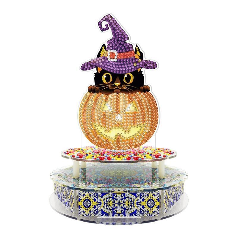 Pumpkin Cat with Witch Hat DIY Diamond Painting Music Box with LED Light Crafts