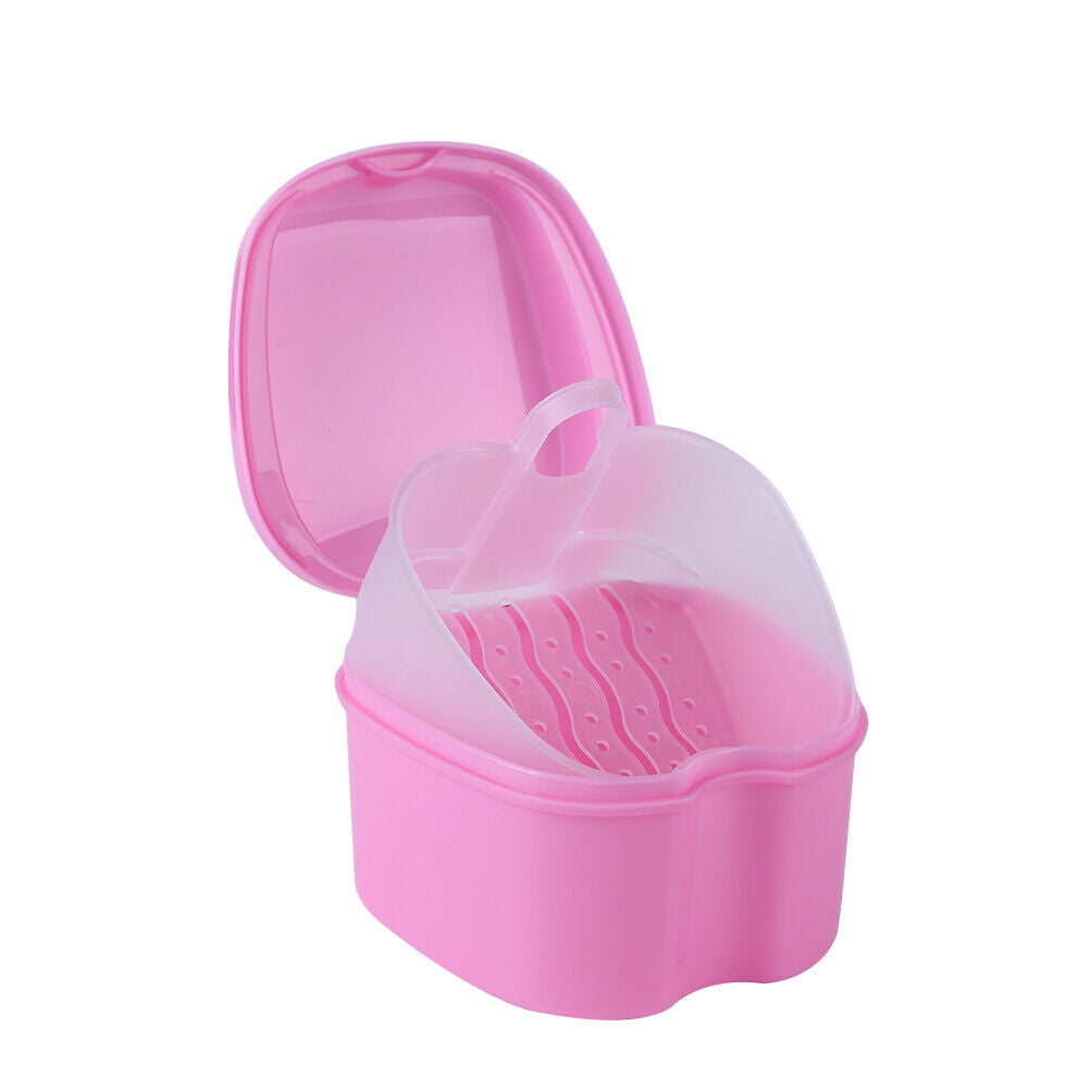 Dental False Teeth Storage Box with Hanging Net Container Organizer (Pink)