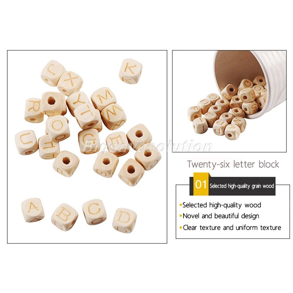 26Pcs/set 12mm Alphabet Letter Beads Cube Square Wooden Spacer Beads Handcraft