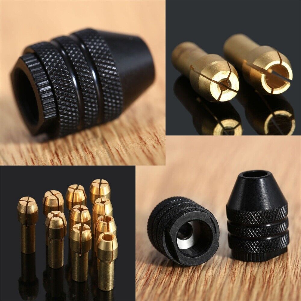 10pcs 0.5mm-3.2mm Brass Collet Chuck Bits & M8 Keyless Chuck Rotary Tool Kit C6B