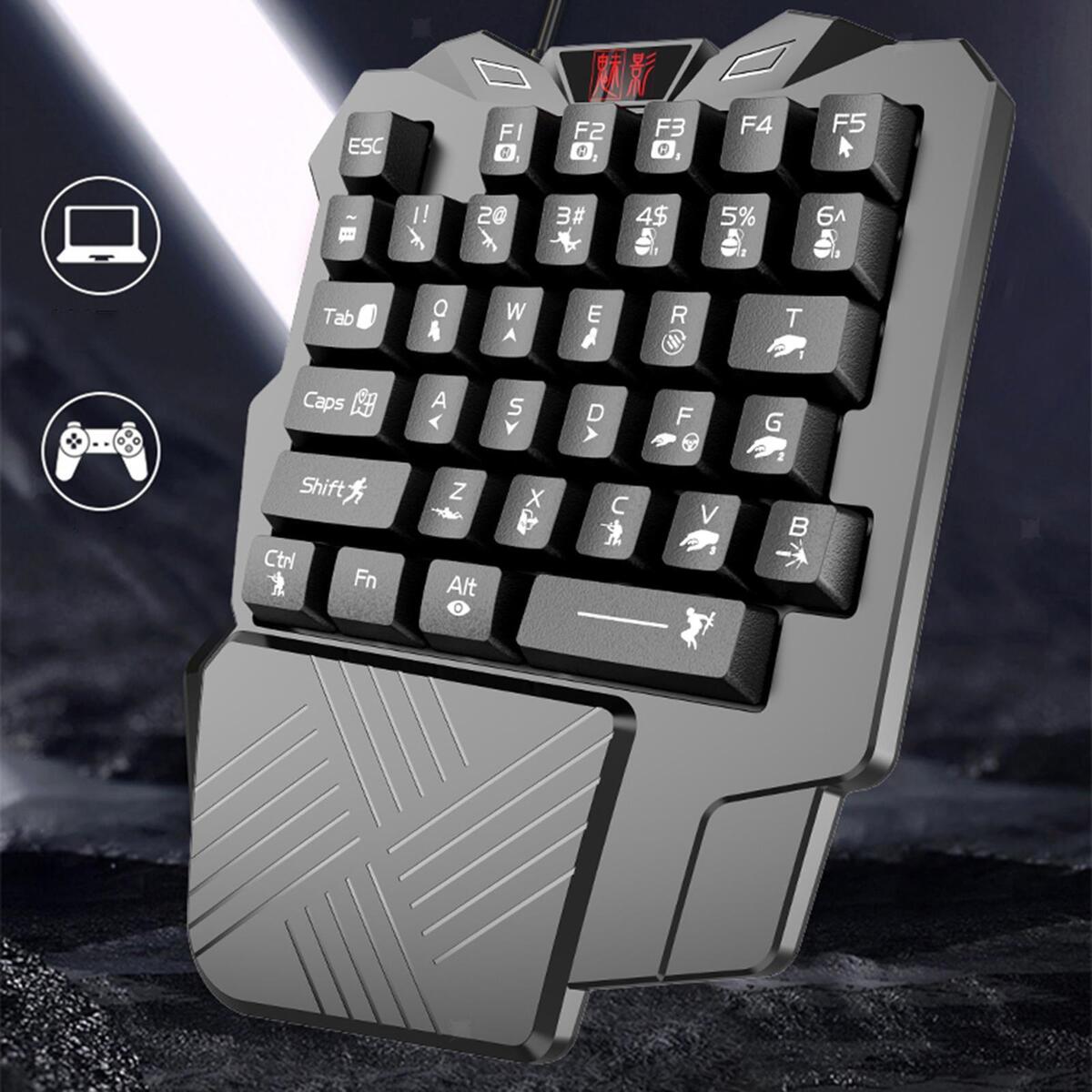 One Handed Gaming Keyboard 35 Keys Portable with Wrist Support for Game