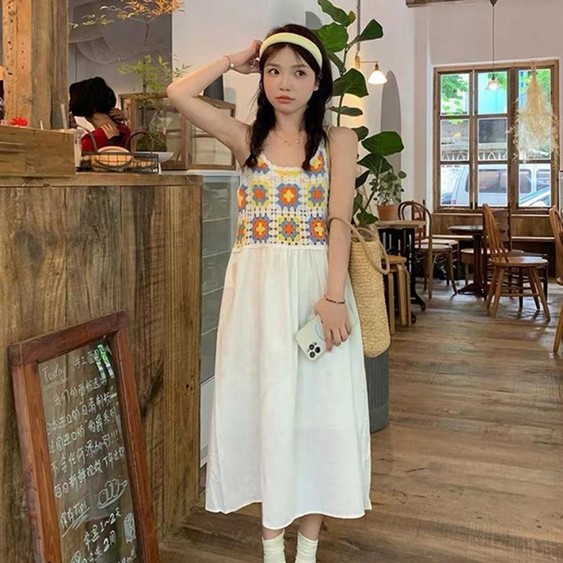 Hollow Out Knit Geometric Beach Loose Women Summer A-Line Long Flowy Tank Dress