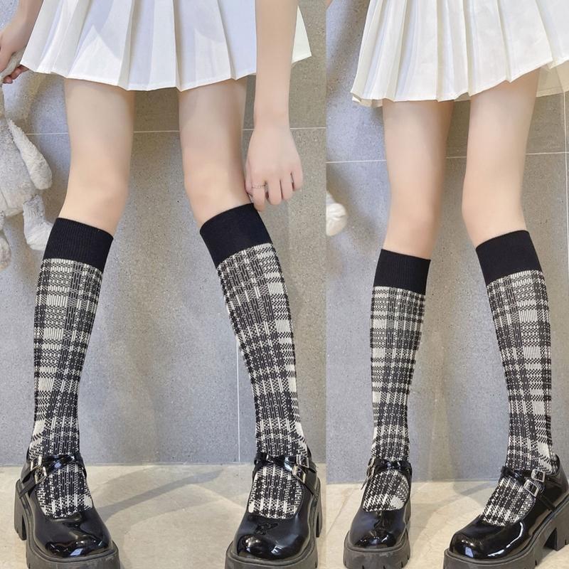 Maid Cute Lolita Socks Tube Long Socks Women Girl Knitted Plaid Cotton Knee High