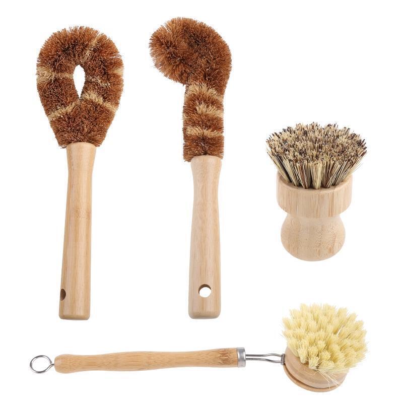 Plant Based Cleaning Brush Set 4 Piece, Beech Wood and Coconut Bristle Wooden Pa
