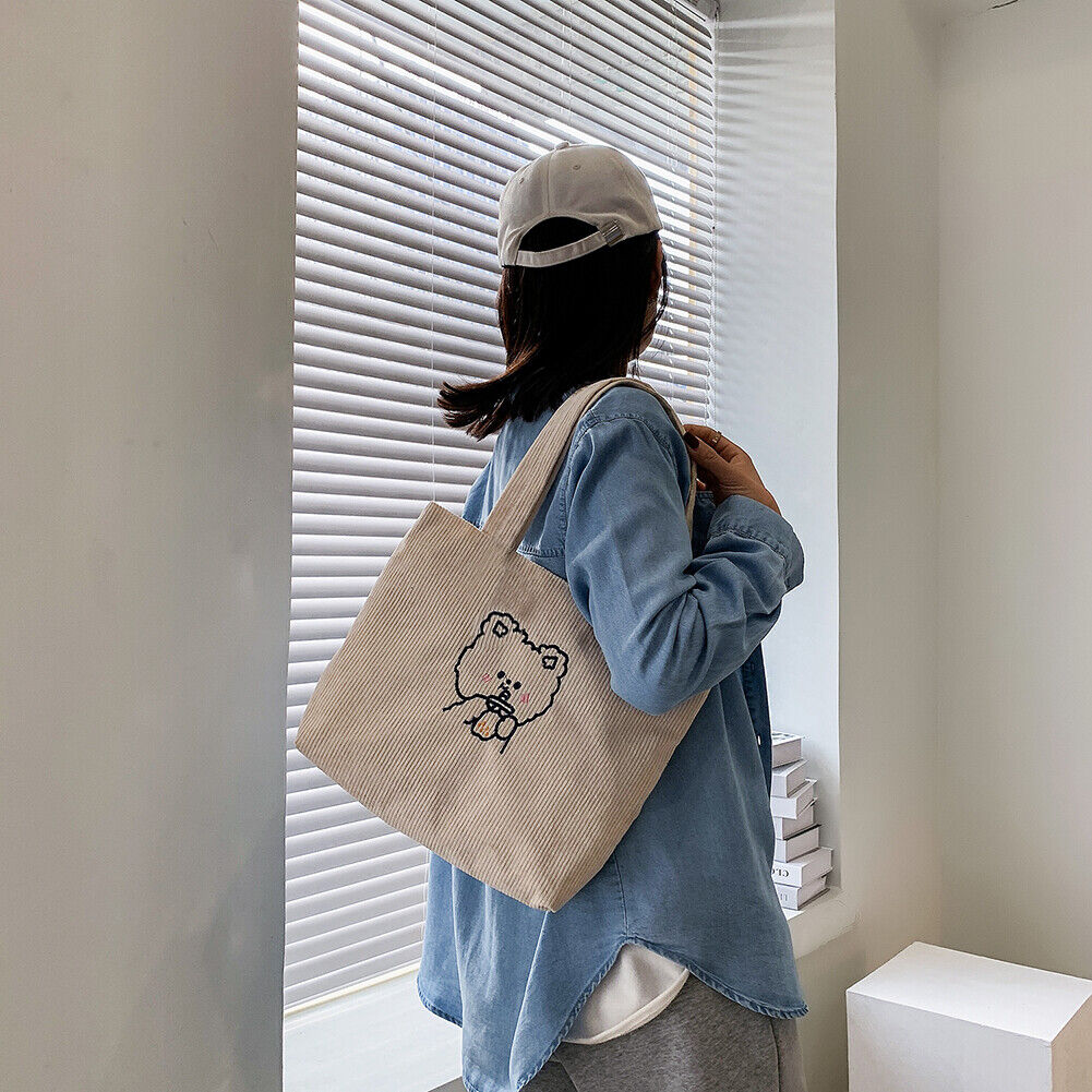 Women Corduroy Shoulder Bag Cartoon Bear Shopping Handbags Totes (White)