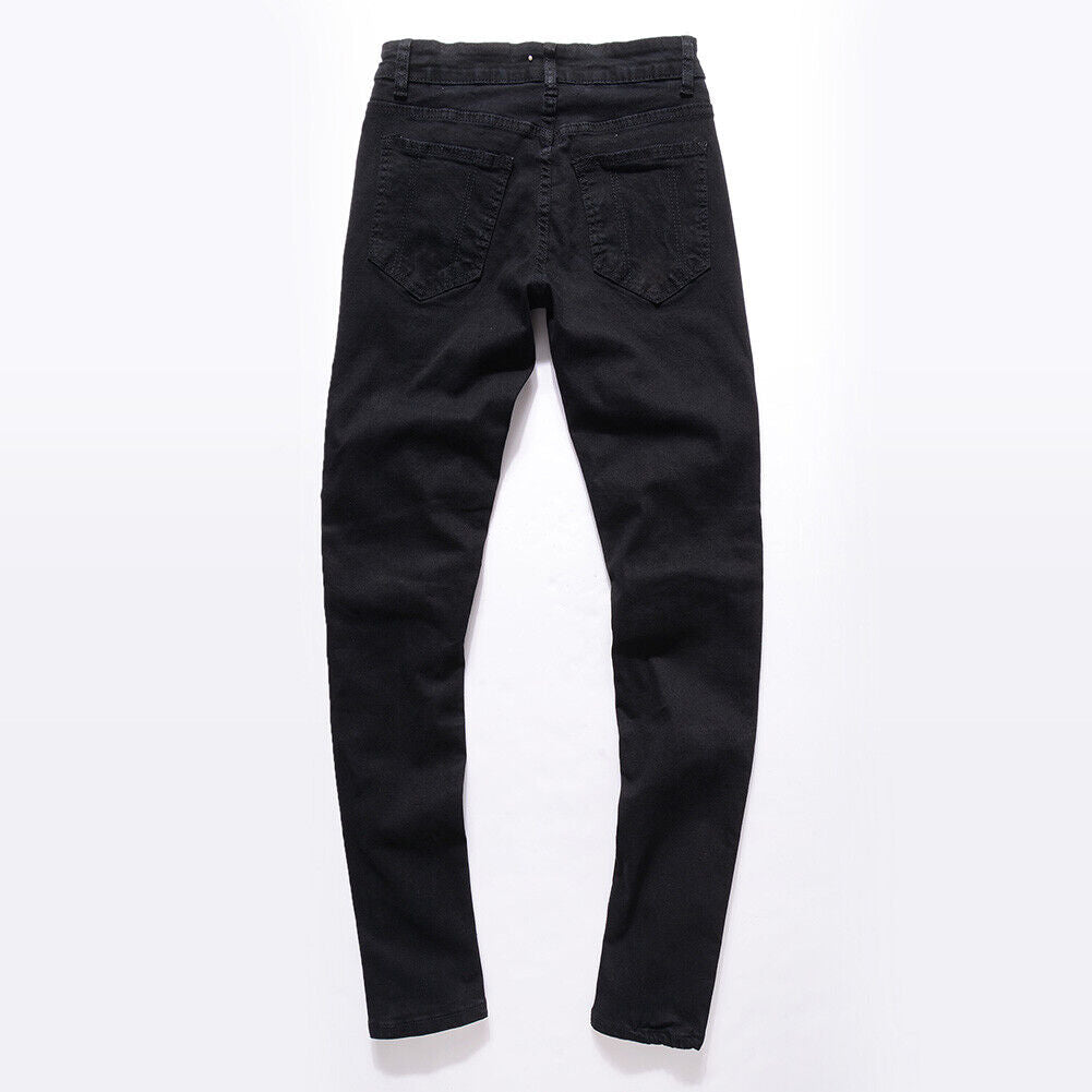 Men Ripped Biker Classic Skinny Straight Pure Cotton Trouser (Black)(32)-12