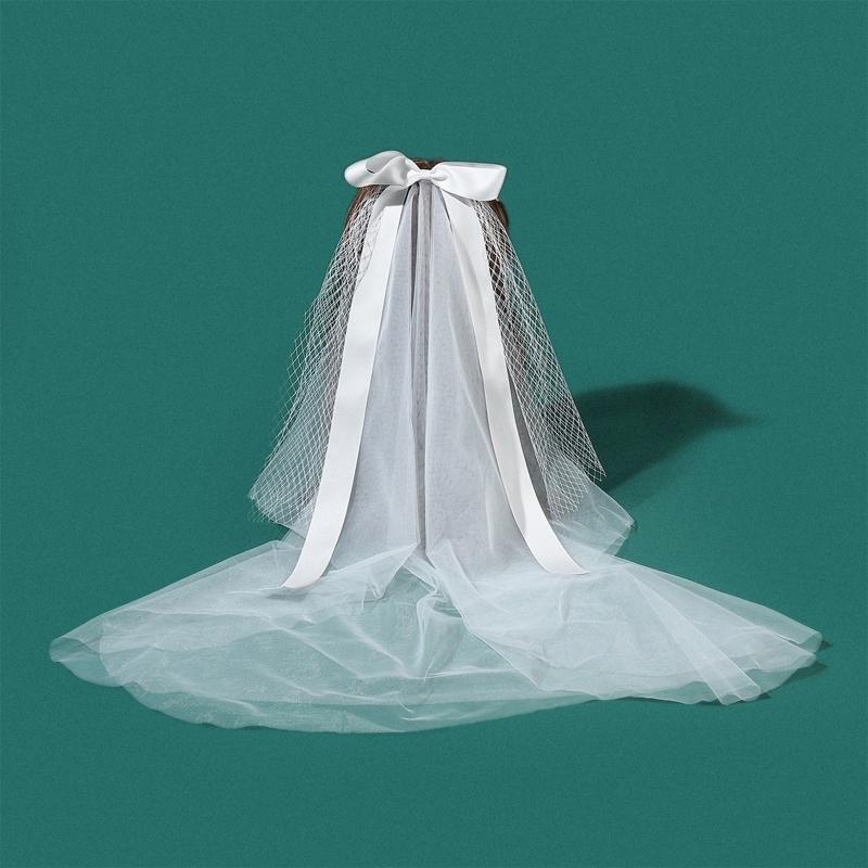 White Lace Veil Long Bridal Veils Bowknot Wedding Brides Soft Tulle for Bridal