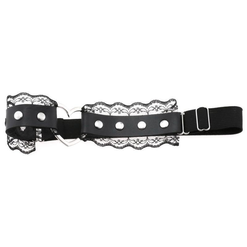 Women Punk PU Leather Belt with Pleated Lace Ladies Gothic Rock Leg Chain