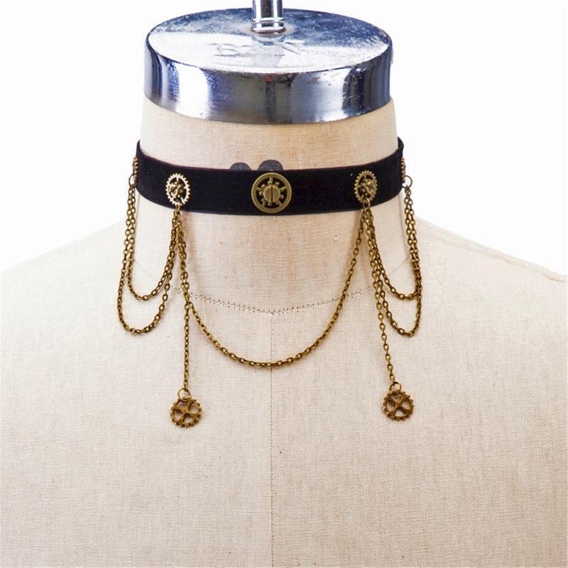 Women Girl Gothic Velvet Choker Metal Gear Chain Adjustable Necklace Accessories