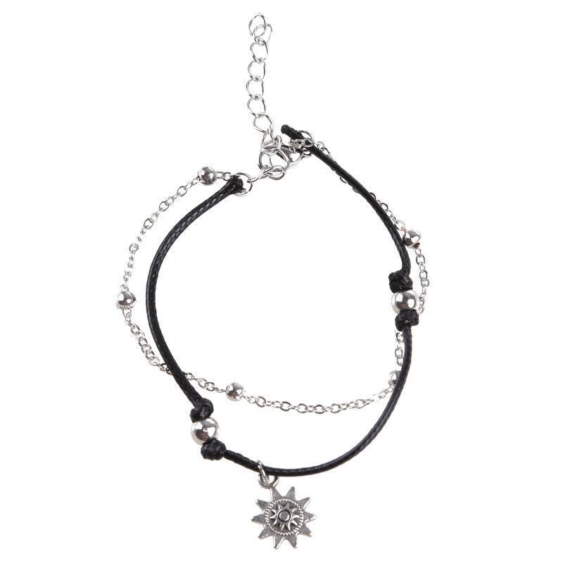 Women Elegant Double Chain Sun Pendant Beads Anklet Bracelets Beach Foot Jewelry
