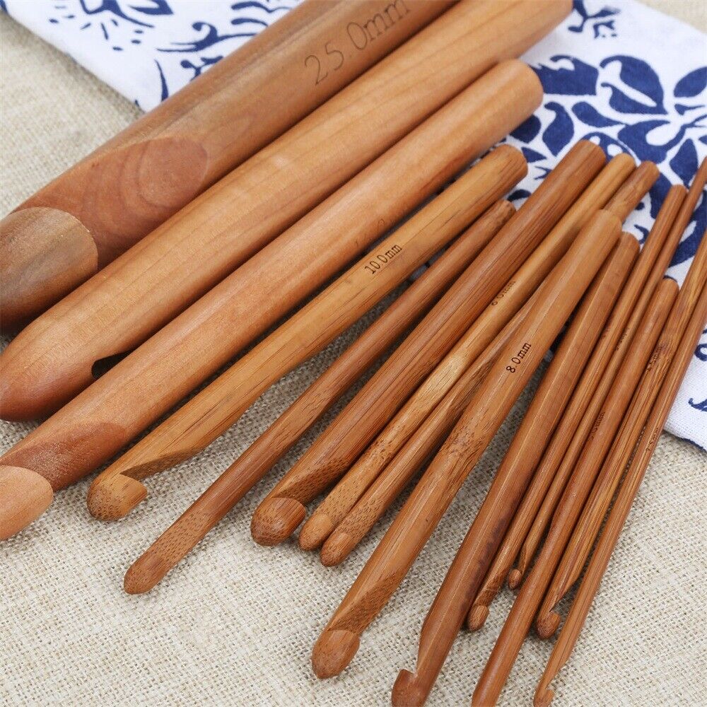 15x Practical Wooden Bamboo Large Crochet Needle Hook Knitting Tool for Sweater