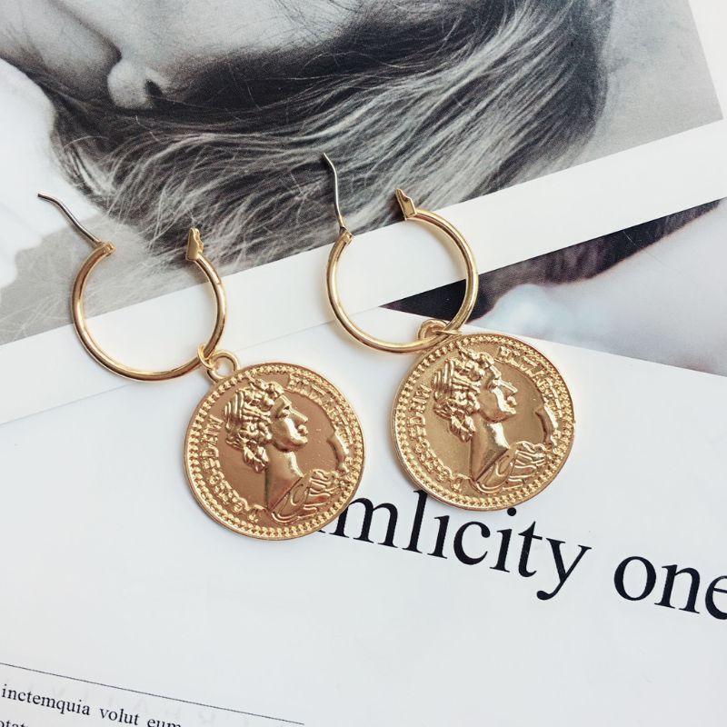 1 Pair Women Chic Portrait Coins Drop Hoop Earrings Jewelry for Anniversary Day