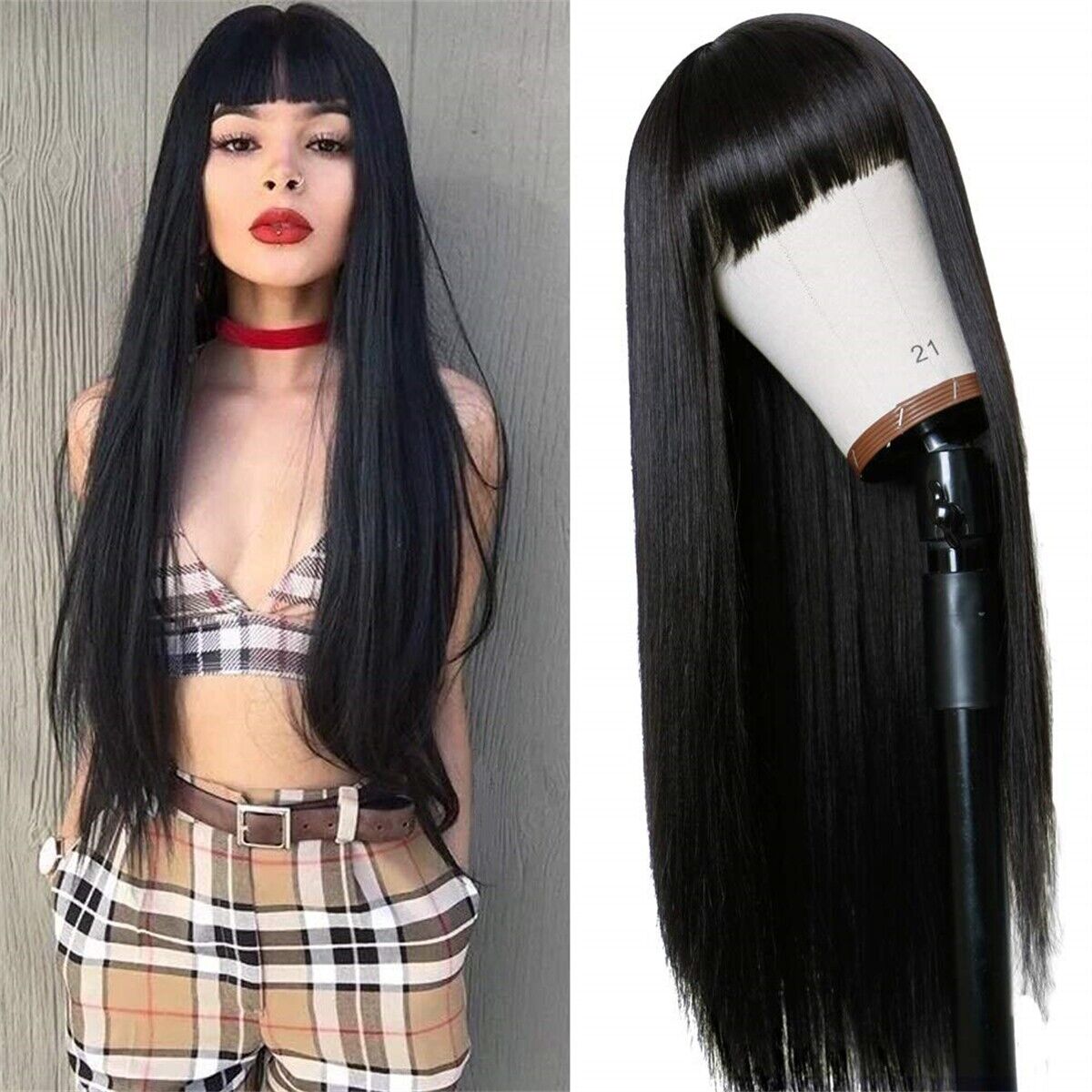 Long Straight Wig with Bangs Fringe for Women Brazilian Remy Human Hair Wigs