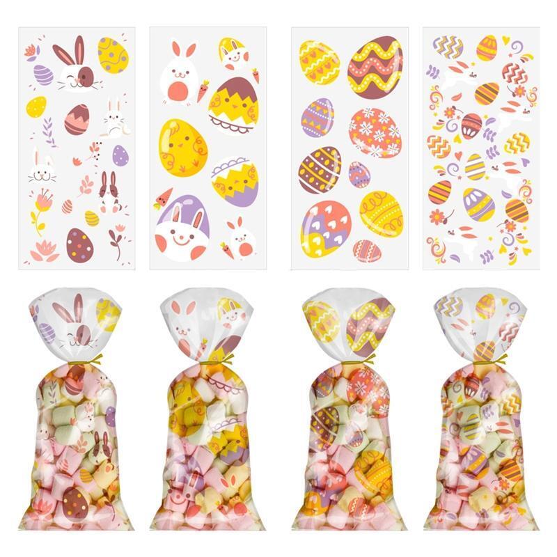 100 pcs Treat Bags with Twist Ties Holiday Goody Easter Theme Bunny Egg Pattern