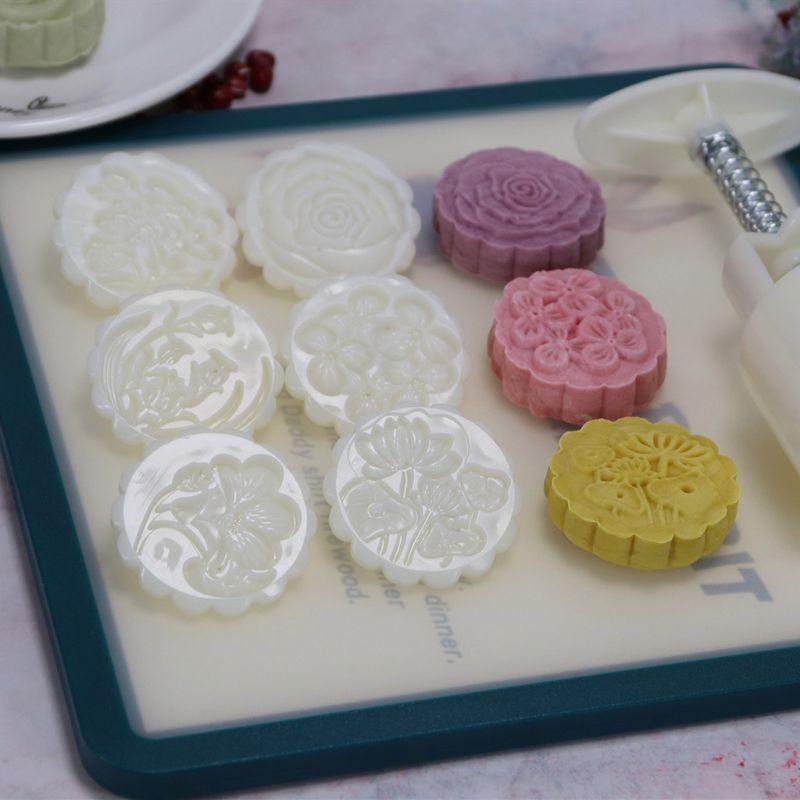 6pcs Hand Press Cookie Stamp Moon Cake Decor Barrel Mooncake Mold 50g Pastry DIY