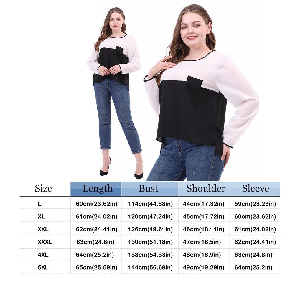 Plus Size O-neck Tops Women Long Sleeve Splicing Color T-shirts (White 5XL)