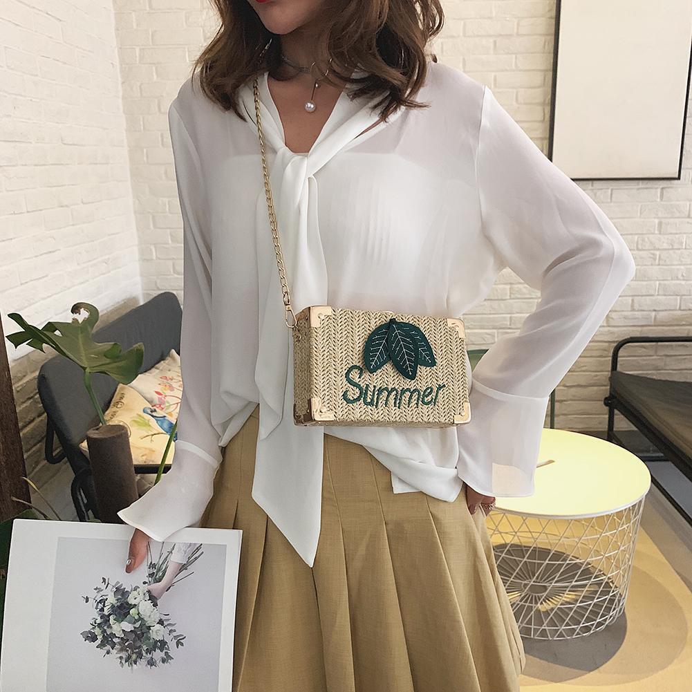 Straw Leaf Letter Decor Shoulder Handbags Women Box Crossbody Bags (Khaki)