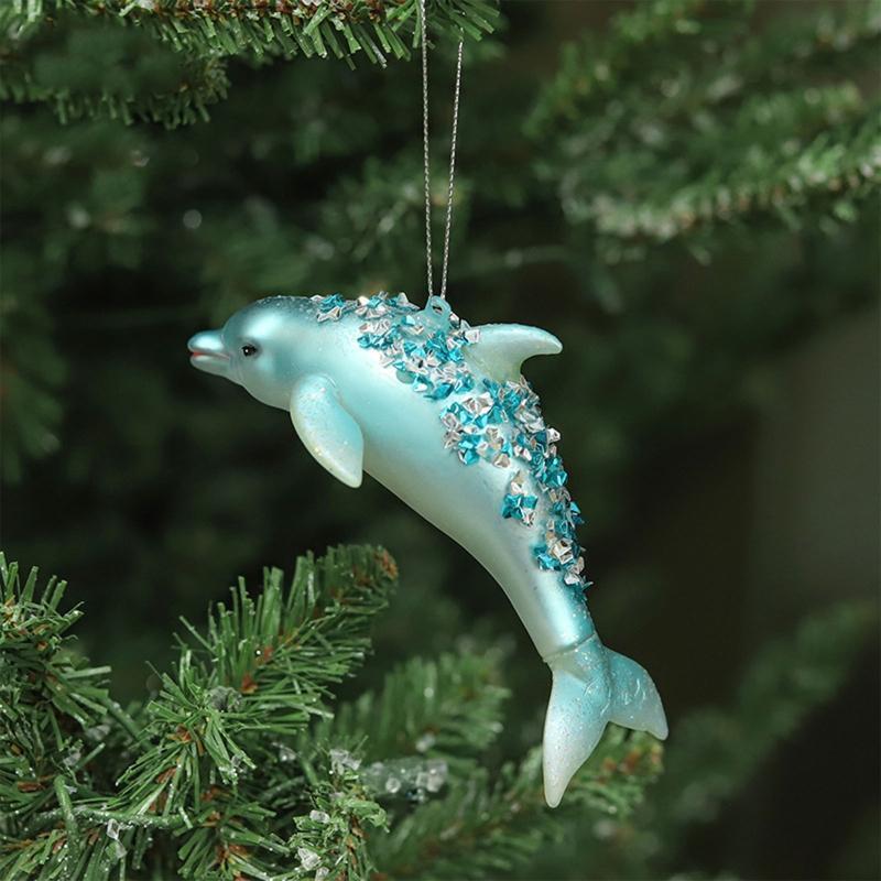 Christmas Tree Ornament Cute Glittered Glass Jeweled Dolphin Hanging Pendant