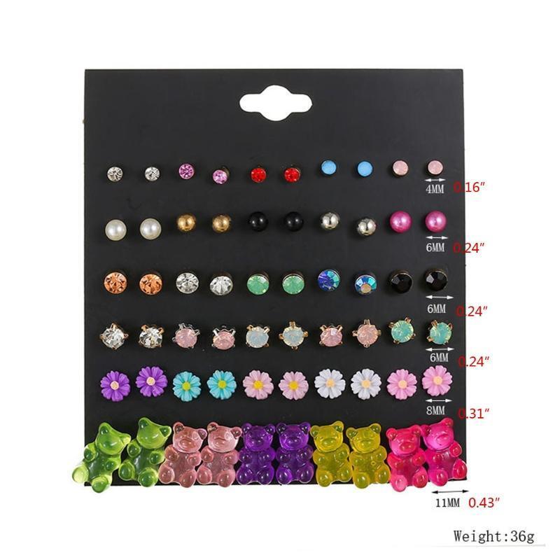 30 Pairs Colorful Cute Bear Flower Crystals Stud Earrings Set for Little Girls