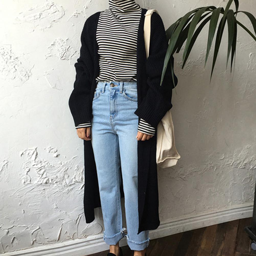 Women Long Sleeve Solid Knitted Autumn Winter Chic Sweater Coat (Black)