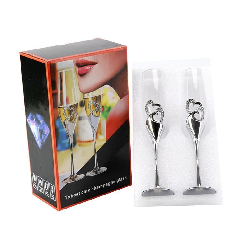 2Pcs Wedding Champagne Glass Set Toasting Flute Cup with Rhinestone Heart Decor