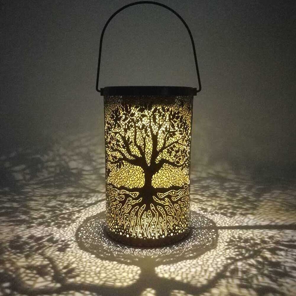 LED Solar Lantern Light Wrought Iron Hollow Tree Projection Lamp Yard Decor
