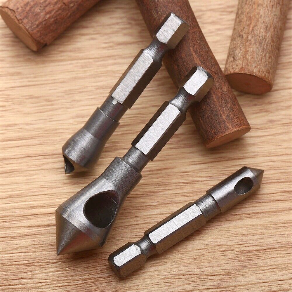 3pcs 90° Degree Wood Chamfer Countersink Drill Bits Deburring Tool Hex Shank
