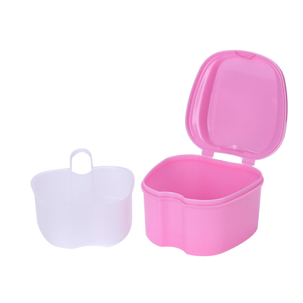 Dental False Teeth Storage Box with Hanging Net Container Organizer (Pink)