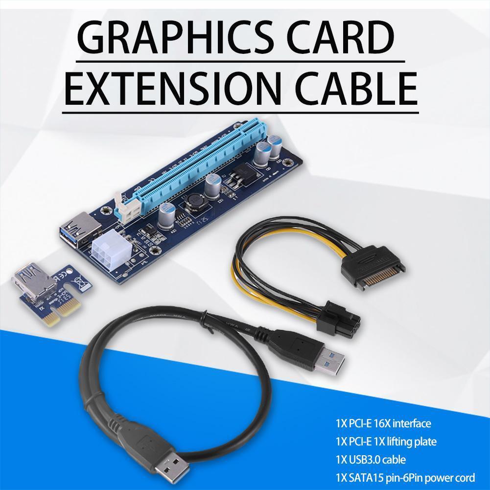 Blue PCI-E Express 1x to 16x Riser Card 6Pin USB 3.0 Cable for BTC Miner