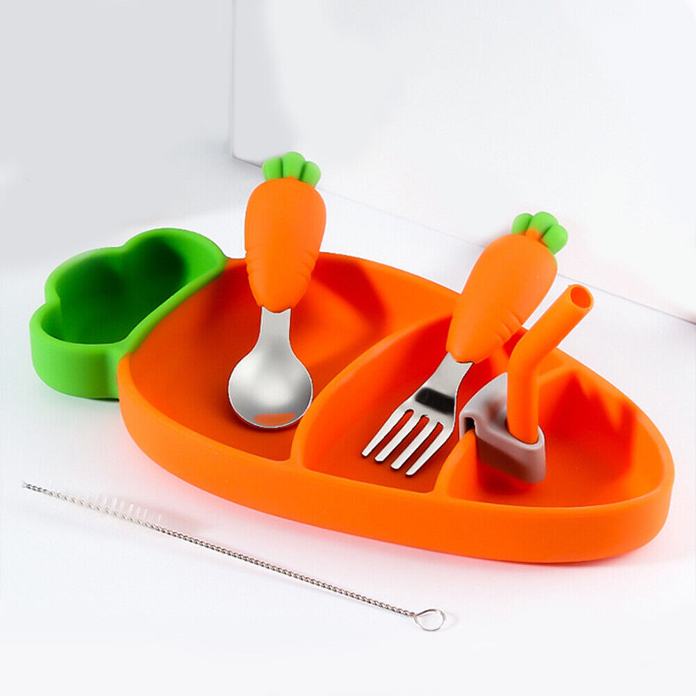 Stainless Steel Silicone Carrot Cutlery Feeding Plate Training Spoon Set