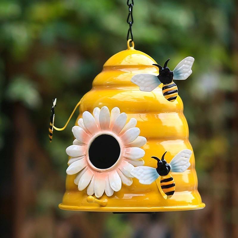 Metal Bird House Durable Garden Decoration Bee and Flowers Decorative Birdhouse
