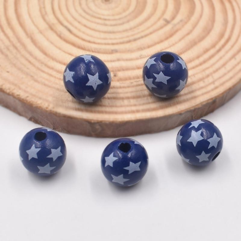 Independence Day Wood Beads 10 Pcs Round Patriotic Star Wooden Bead