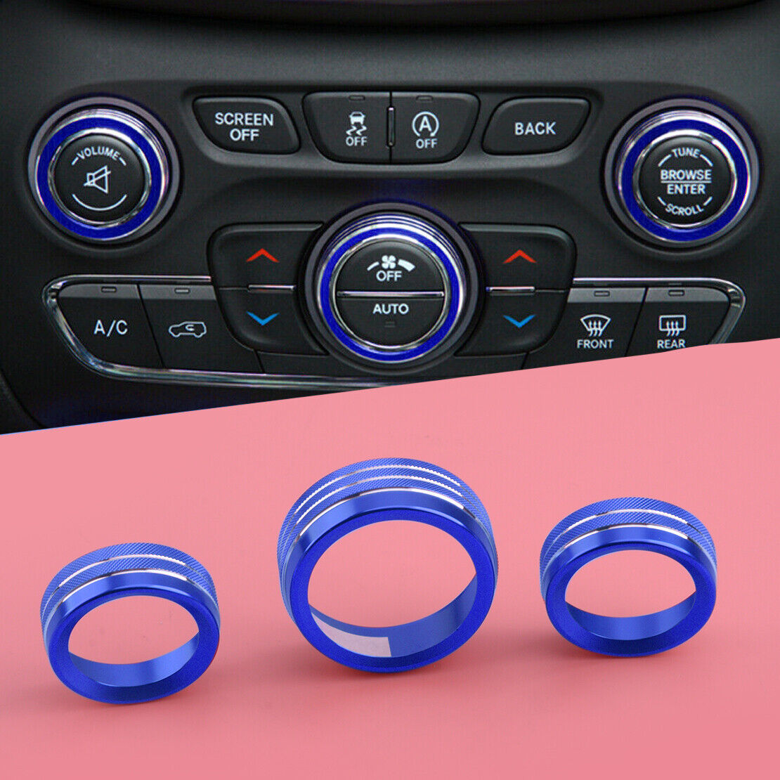 3x Aluminum AC Radio Switch Knob Cover Trim Ring Fit For Dodge Durango 2014-2019