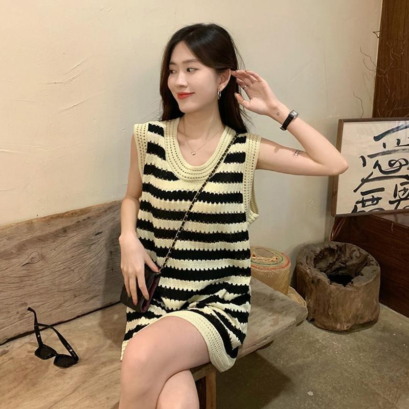 Women Hollow Knit Colorblock Striped Casual Loose Sleeveless Beach Sweater Dress